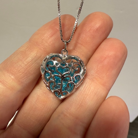 Sterling Silver (925 Italy) Light Blue Heart Pendant & Necklace; Double-sided - Picture 1 of 3